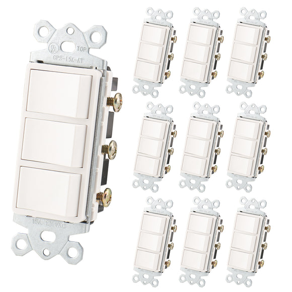 Wengart Triple Rocker Combination Decorator Switch,10Pack,15Amp 120-277VAC,Ground terminal,Residential/Commercial Grade,3 Individual Switches,UL Listed