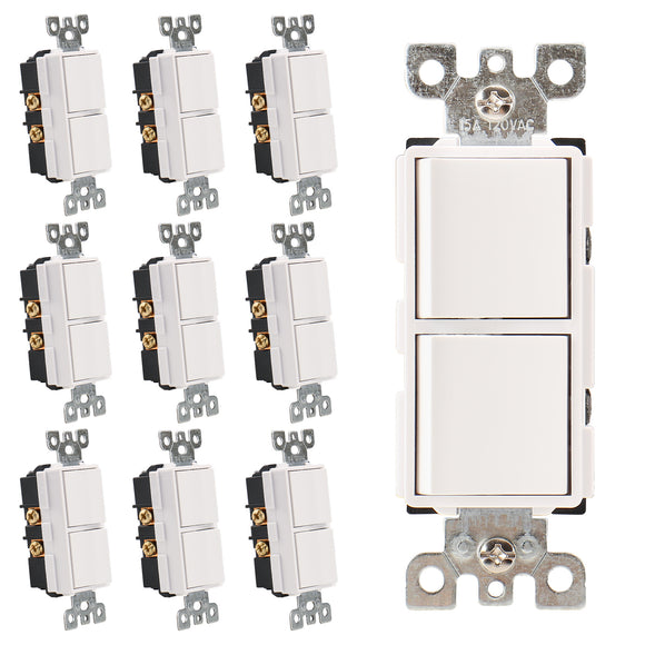 Wengart Duplex Rocker Combination Decorator Switch,10Pack,120-277VAC 15Amp,Ground terminal,Residential/Commercial Grade,2 Individual Switches,UL Listed