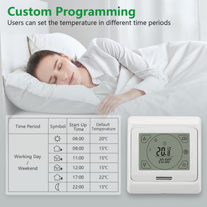 Thermostat d'ambiance Wengart WG809, écran LCD numérique, boutons tactiles, programmation hebdomadaire, 16 A, adapté aux équipements de chauffage électrique, avec sonde externe de 3 m, blanc