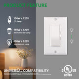 Wengart Dimmer Switch,Single Pole/3-Way,150W Dimmable LED/CFL Lights,Halogen and Incandescent Bulbs 600W Max,AC120V,Cover Plate Included,UL Listed,White