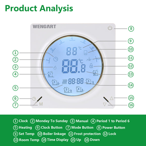 Thermostat de chauffage d'eau Wengart WG106, programmation hebdomadaire, chaudière à gaz connectable